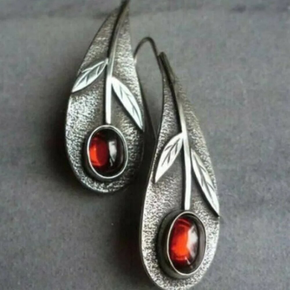 NEW Graceful Silver and Red Cabochon Curved Drop Boho Earrings - Picture 2 of 4